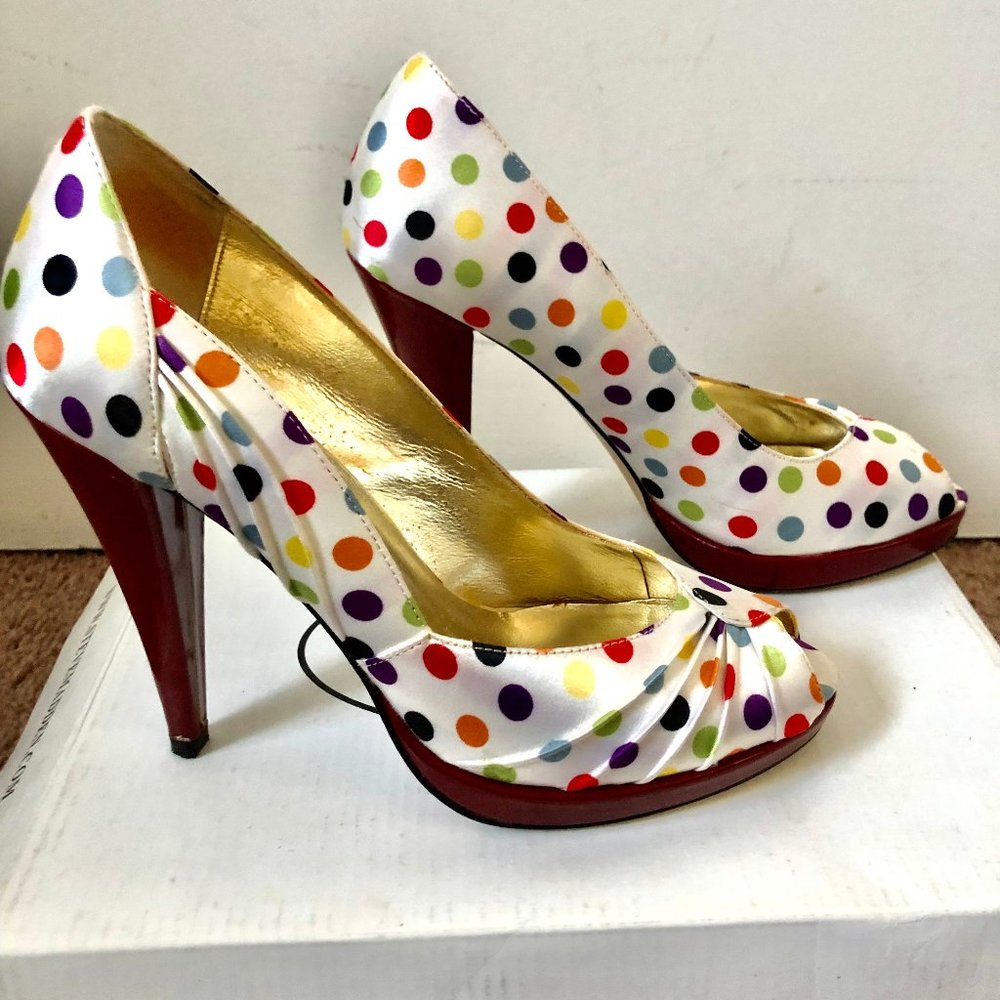 Steve Madden RICHHI Polkadot Platform Open-Toe Heels Pumps SIZE 6.5 Satin